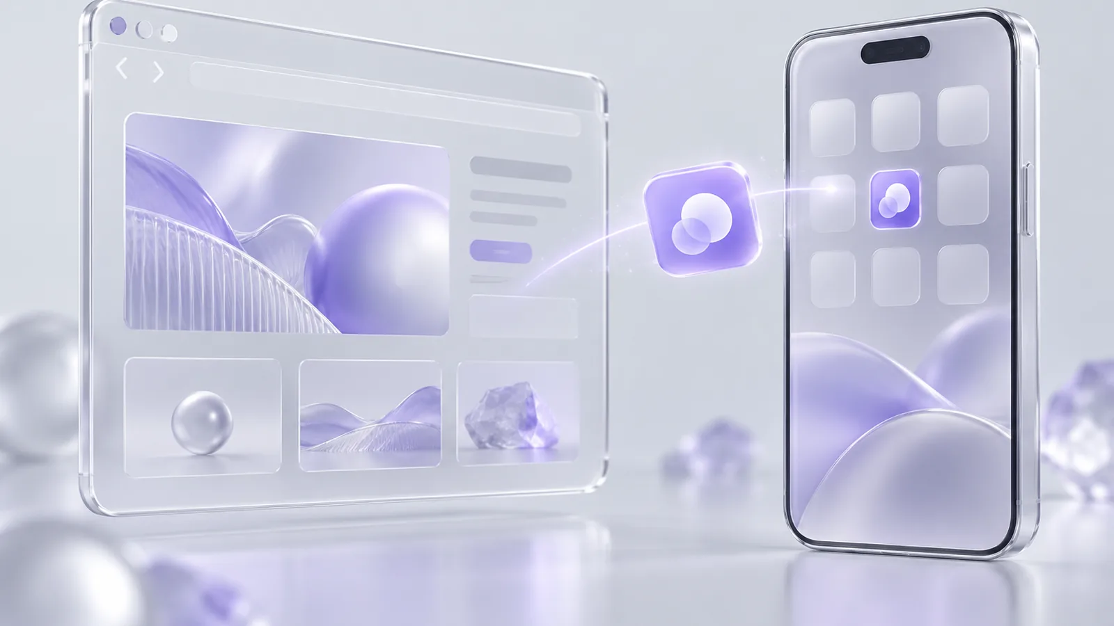 Una finestra di browser in vetro, uno smartphone di vetro smerigliato e un'icona d'app lilla che passa dall'uno all'altro