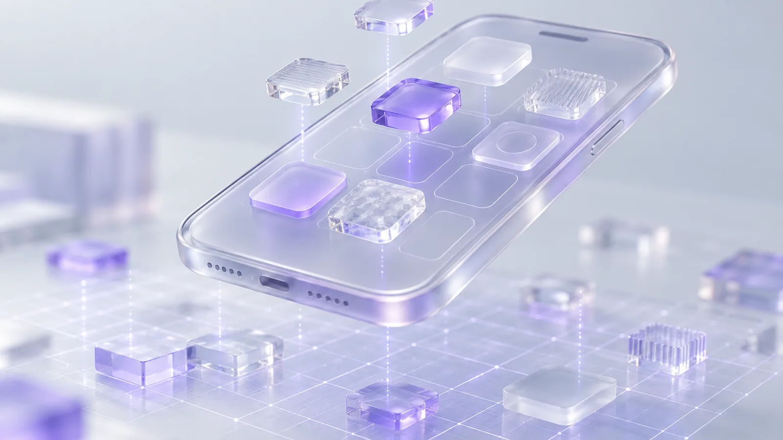 Uno smartphone di vetro smerigliato sospeso sopra una griglia di progetto, con piccole tessere di cristallo che si compongono in un'app