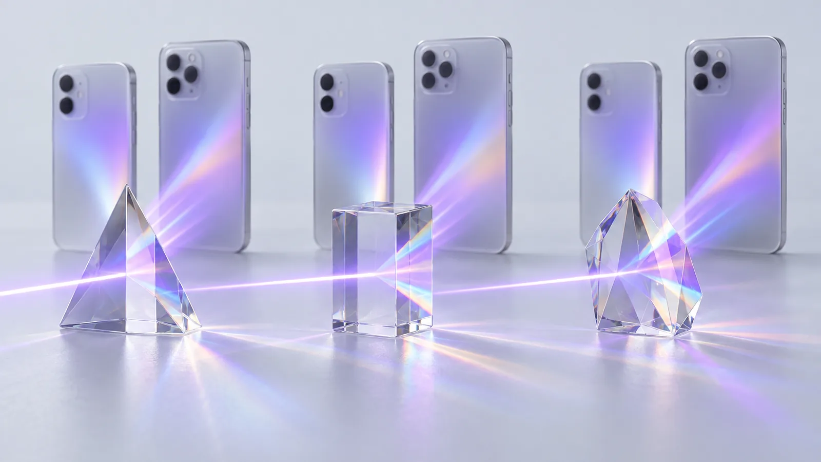 Tre prismi di cristallo diversi che scompongono la stessa luce lilla su due smartphone di vetro