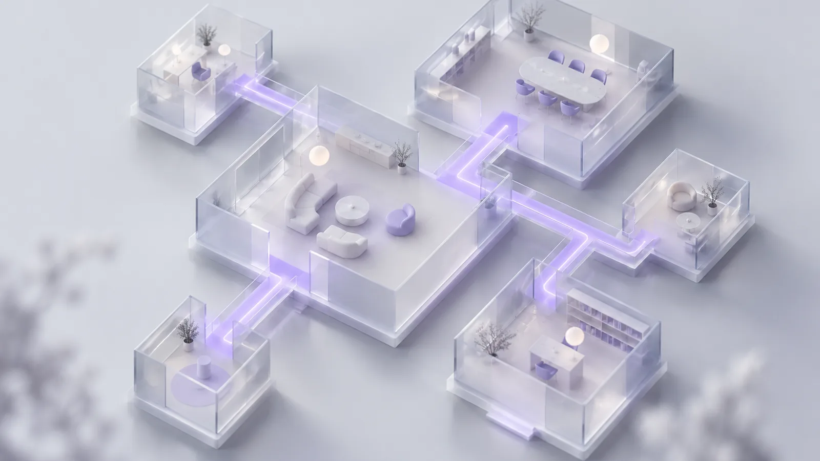 Un plastico architettonico di cristallo con poche stanze collegate da sottili percorsi luminosi, come una mappa del sito