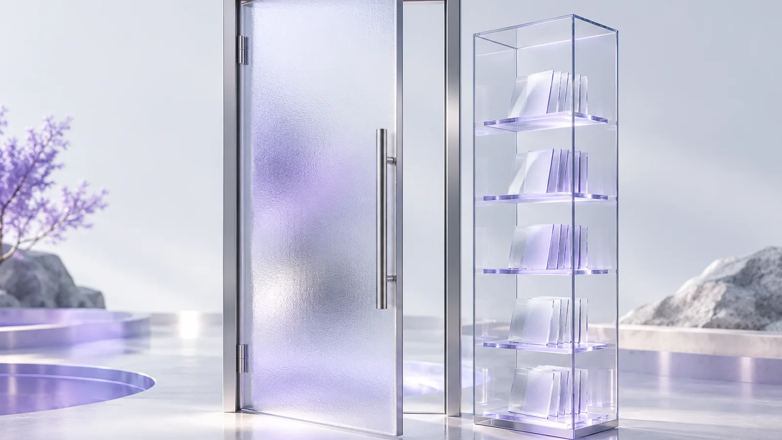 Una porta d'ingresso di vetro smerigliato con una vetrina trasparente accanto, in cui sono ordinate schede di cristallo