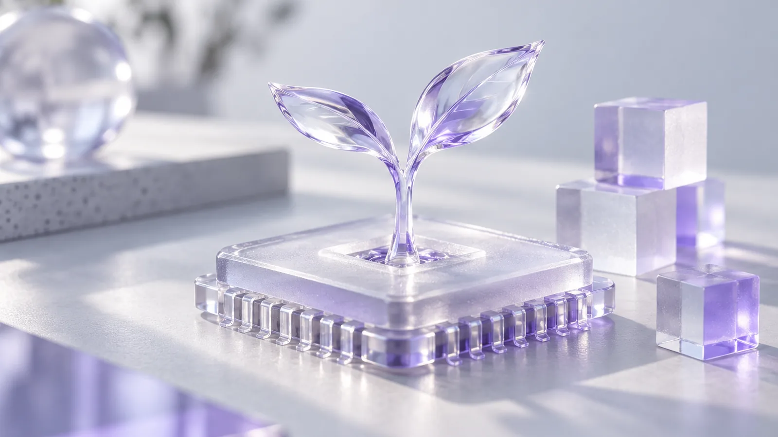 Una piccola piantina di cristallo che cresce da un chip di vetro satinato su un tavolo chiaro, con riflessi lilla