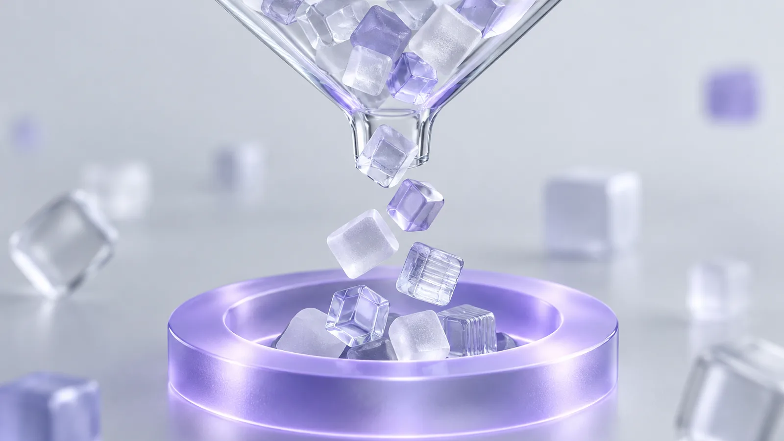 Un imbuto di vetro traslucido che fa scendere piccoli cubi smerigliati, tutti leggermente diversi, dentro un anello lilla luminoso