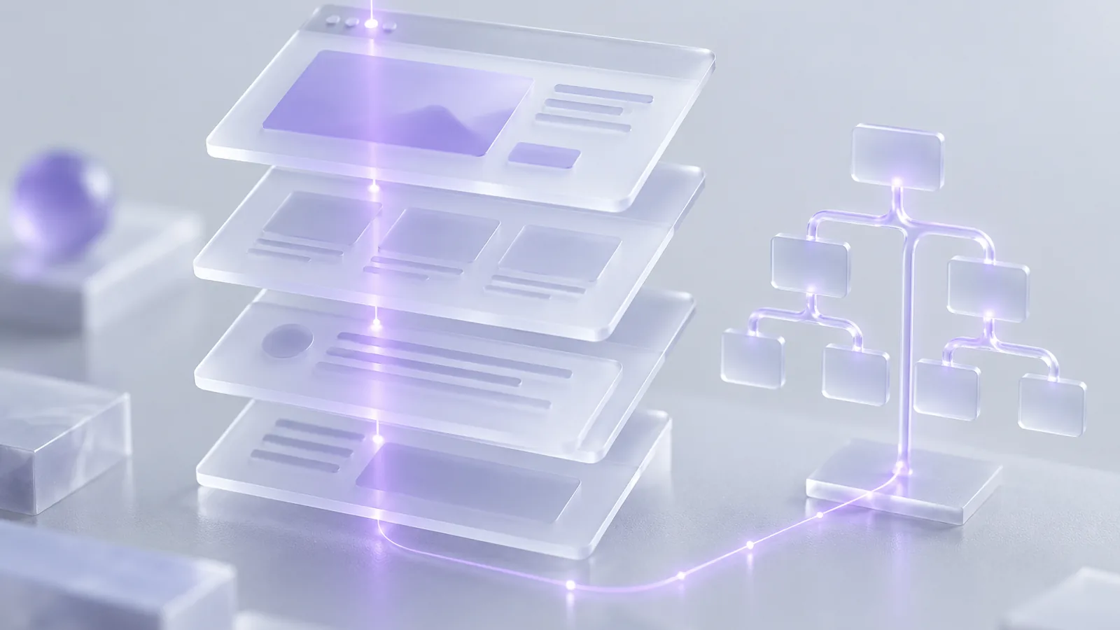 Blocchi di vetro smerigliato impilati come gli strati di una pagina, attraversati da un sottile raggio di luce lilla, con accanto un piccolo albero di vetro che ricorda una sitemap
