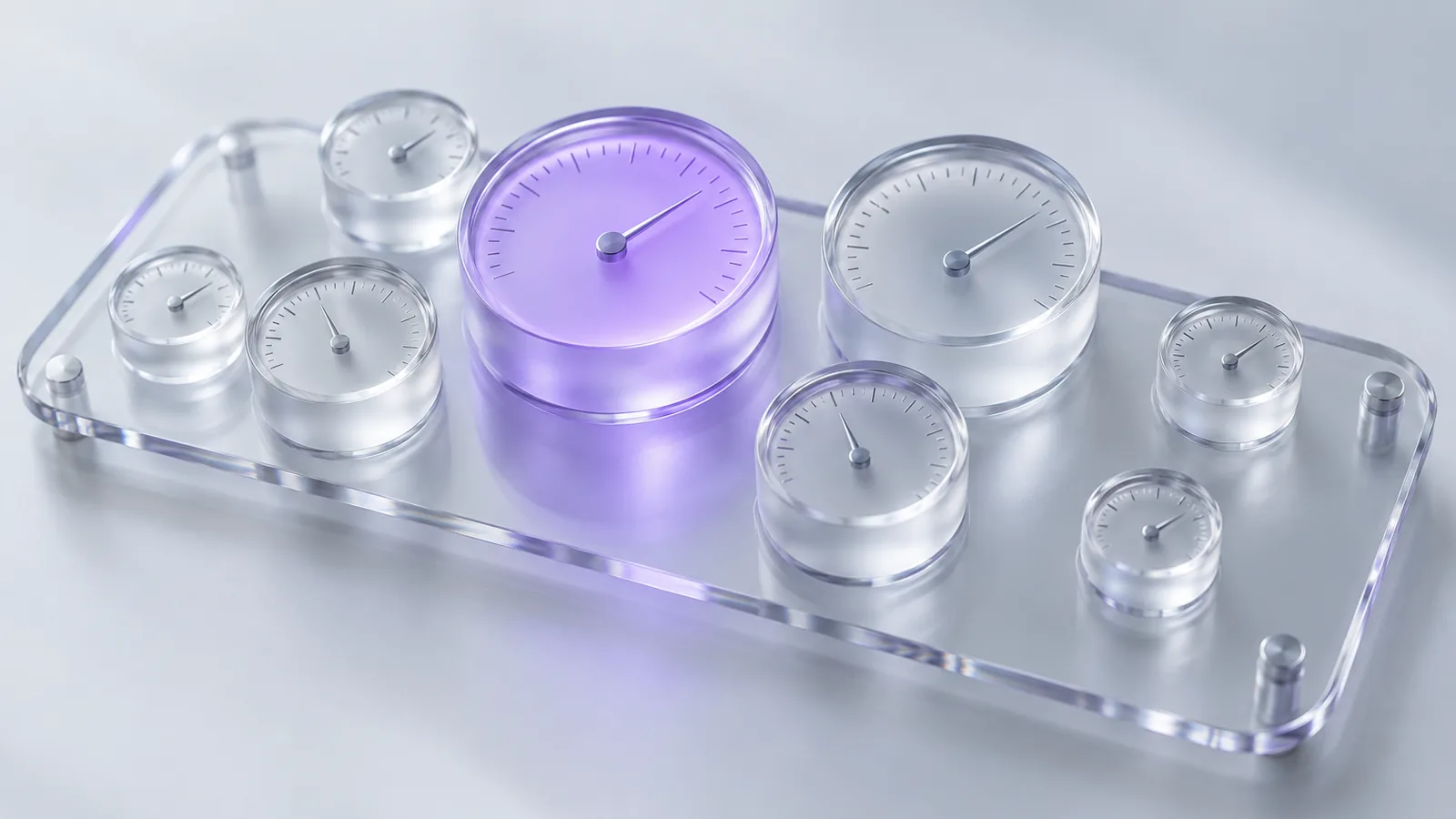 Pannello di vetro con otto quadranti di cristallo smerigliato di dimensioni diverse, uno solo illuminato di lilla