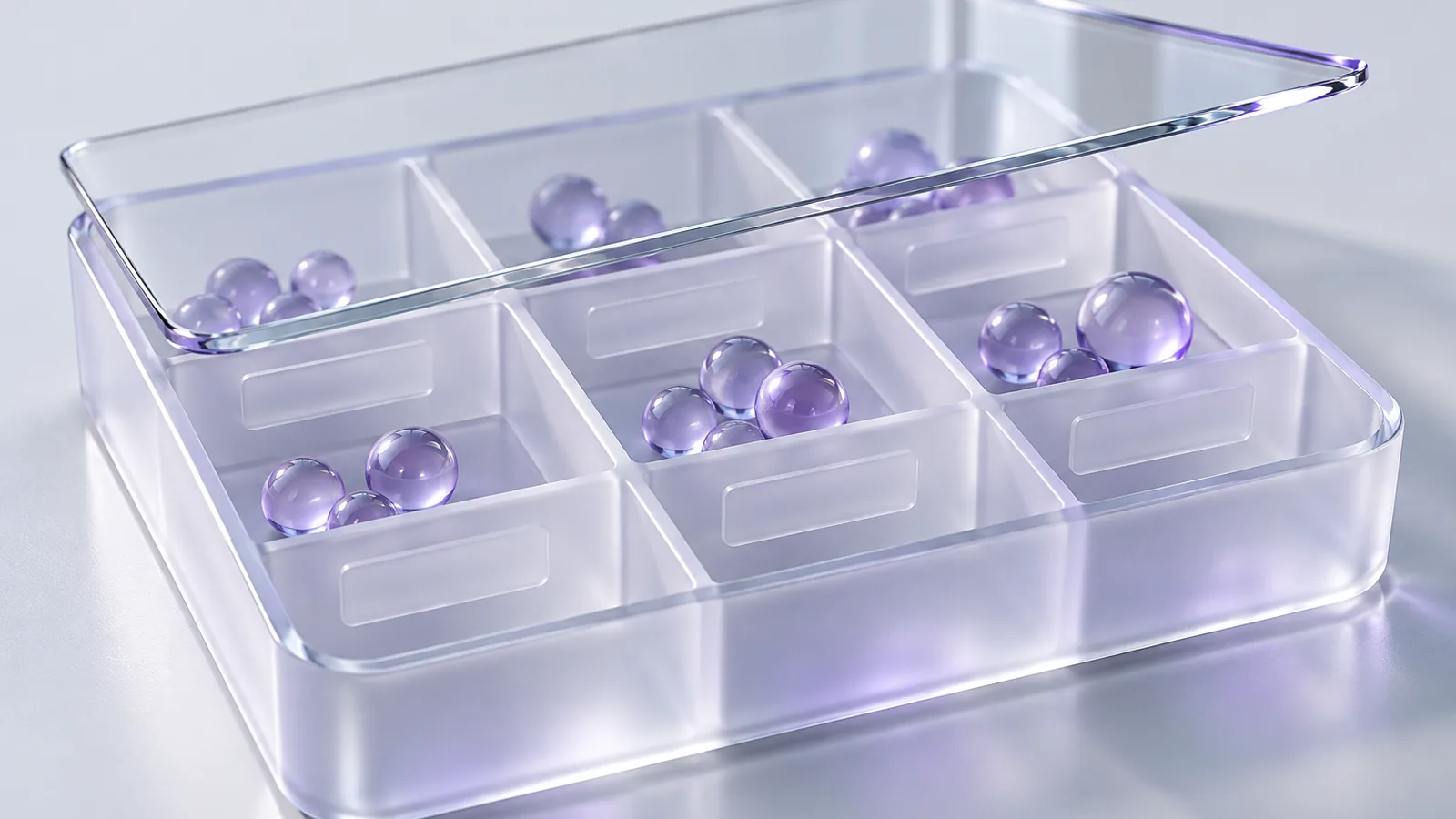Piccole sfere lilla ordinate dentro scomparti di vetro smerigliato, protette da una lastra trasparente