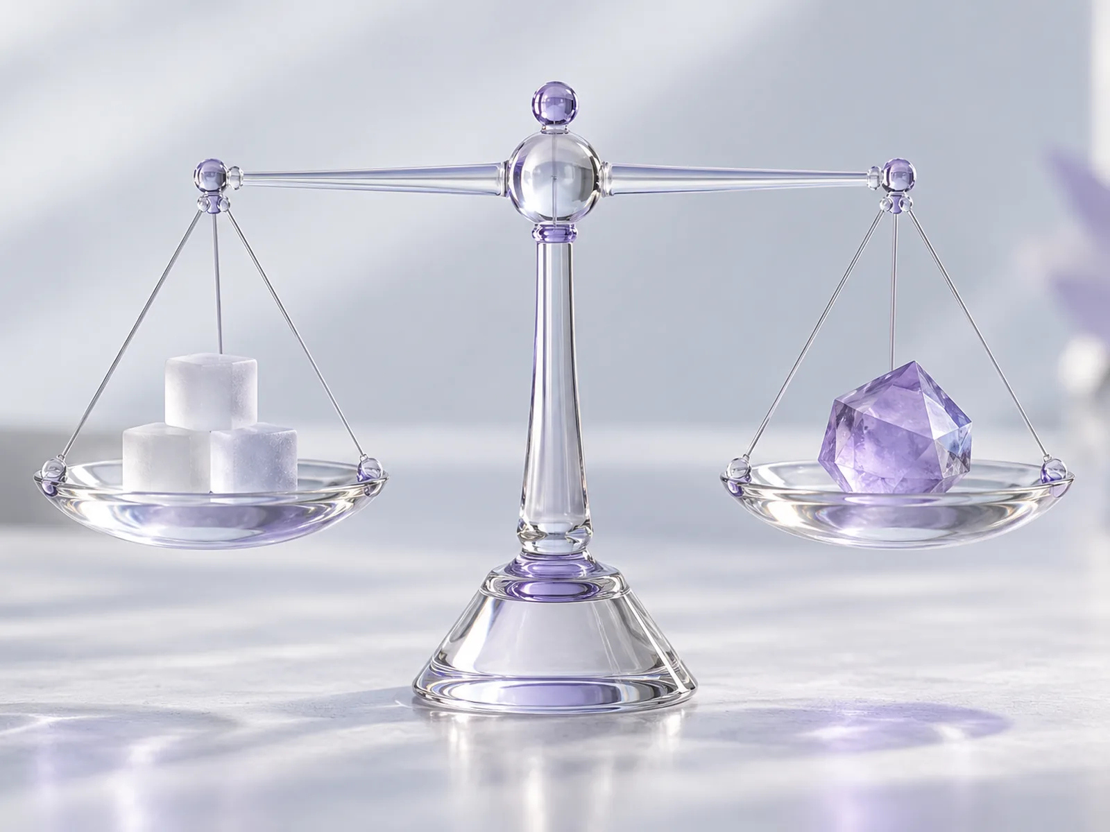 Una bilancia di vetro in equilibrio: pochi cubi smerigliati da una parte, un solo cristallo lilla dall'altra