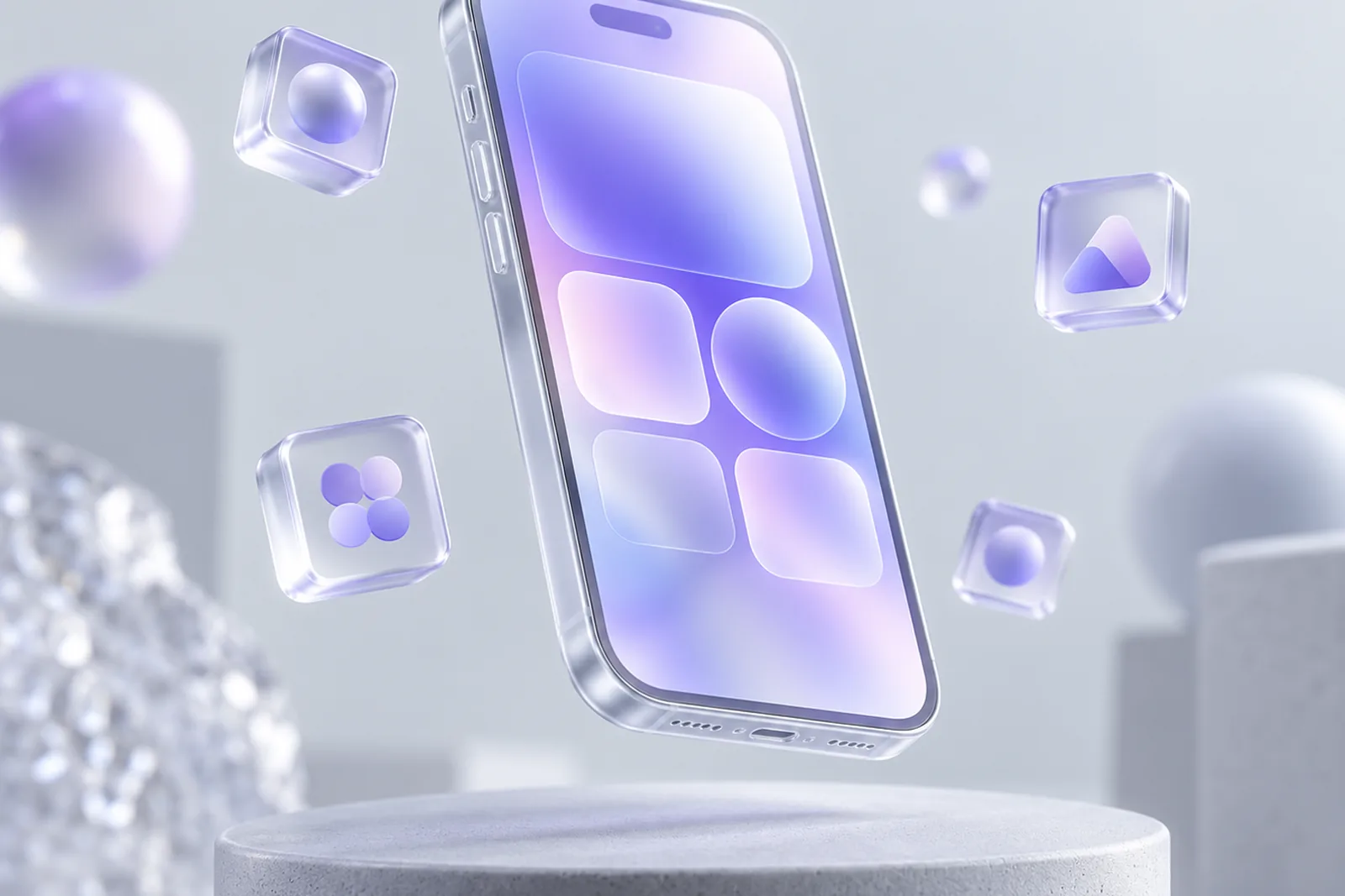 Uno smartphone di vetro smerigliato sospeso, con riflessi lilla