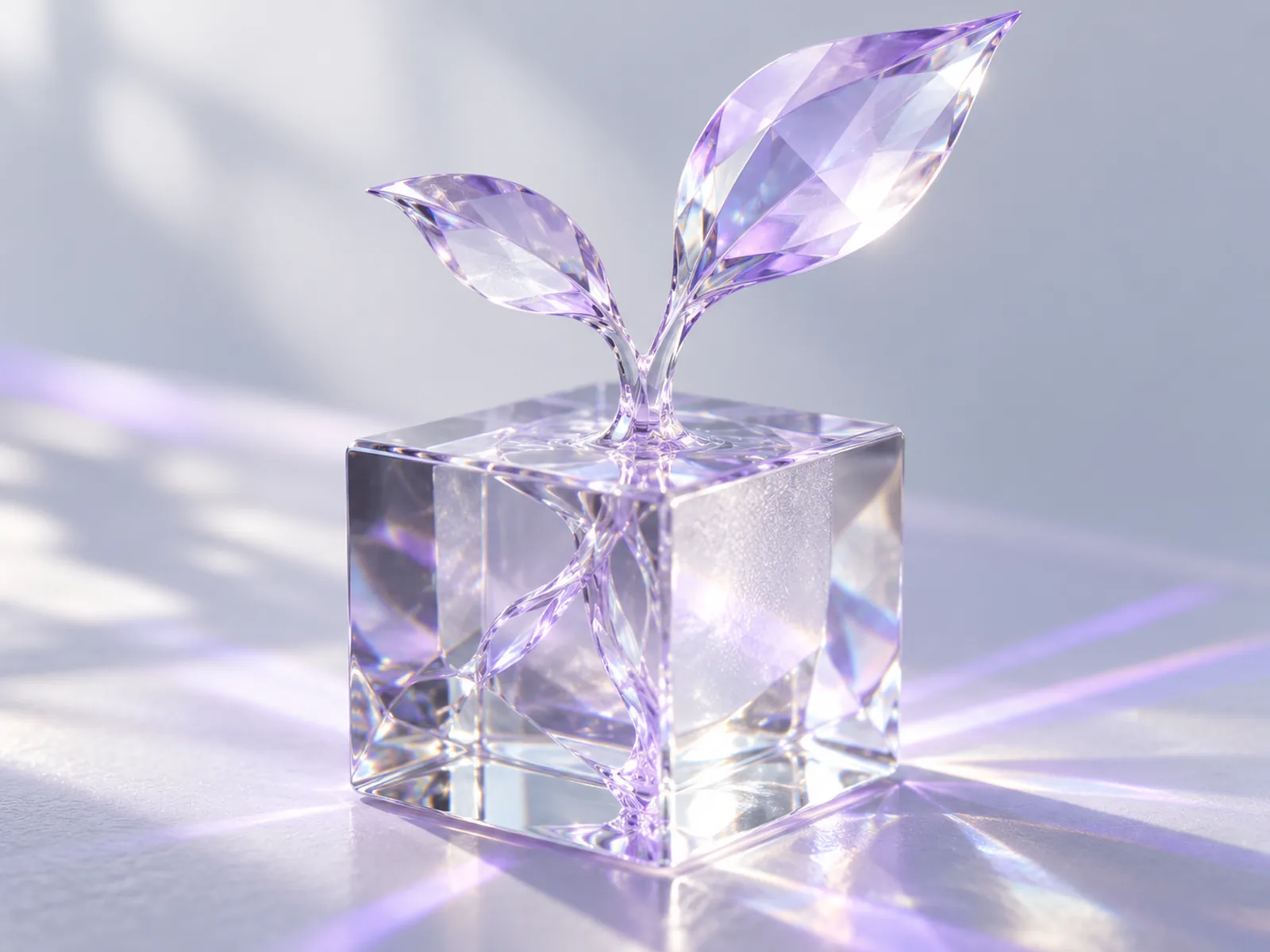 Un germoglio di cristallo che cresce da un cubo di vetro